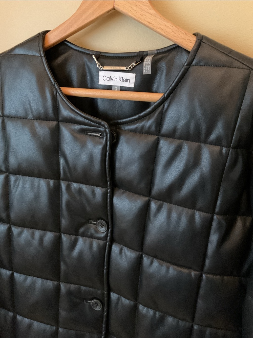 Calvin Klein Black Quilted Faux Leather Button Front Puffer Jacket Size M